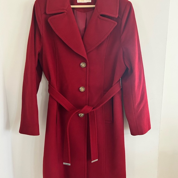 Michael Kors Women Large Red Wool/cashmere Blend Pea Coat Belted Jacket Trench - Picture 2 of 13